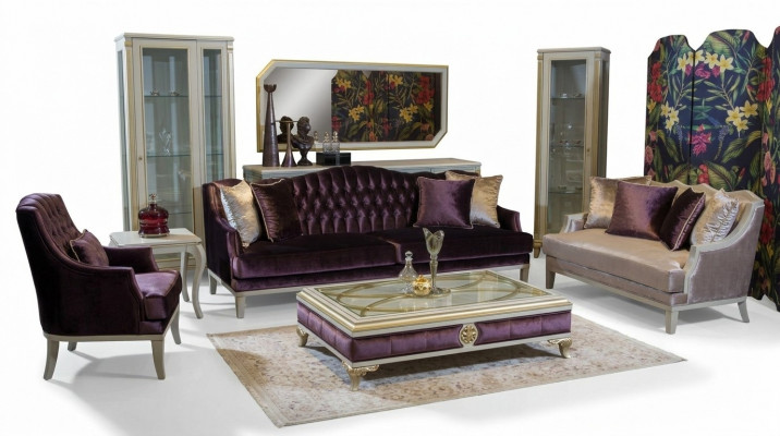 Lila Chesterfield Barock Miwwelen Dräisëtzer Sofa Textil Canapé Nei
