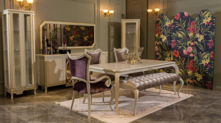 Design Iesszëmmer Set 8 Deeler Iessdësch Stull Kommode Vitrinne Hocker Holz