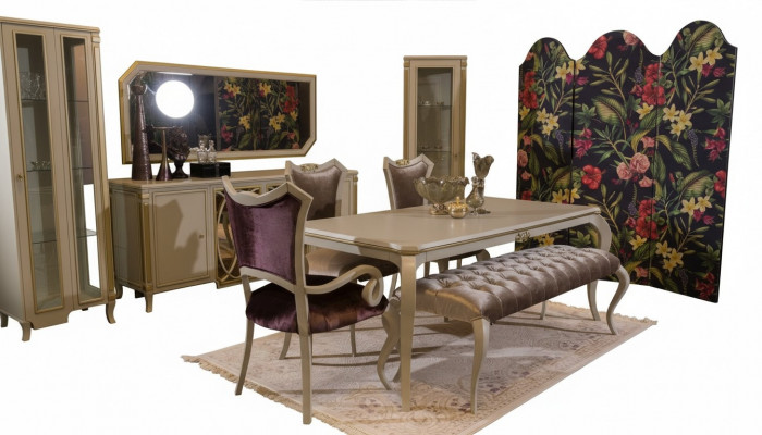 Design Iesszëmmer Set 8 Deeler Iessdësch Stull Kommode Vitrinne Hocker Holz