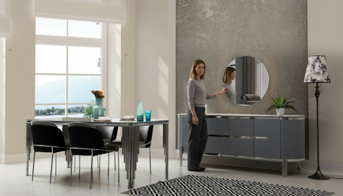Iesszëmmer Set Luxus Iessdësch Stull Grupp Garnitur Holz Dësch Kommode Set 6tlg.