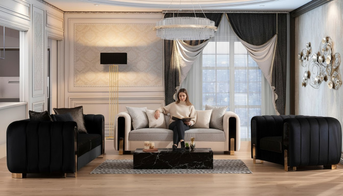 Luxus Garnitur Set Sofagarnitur 3+3+1 Sëtzer Sofa Sofas Fauteuil Stoff 3 Deeler Sets