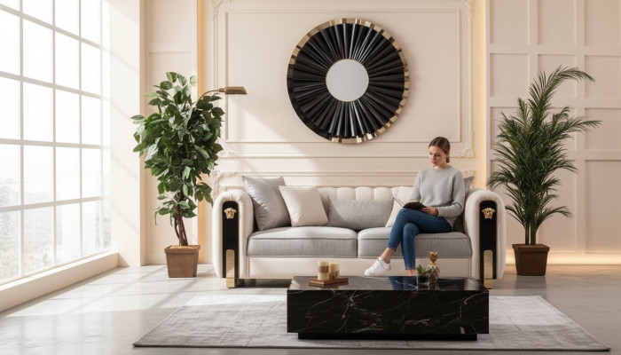 Luxuriéise gepolsterten 3-Sëtzer-Sofa a Beige am zäitgenëssesche Stil