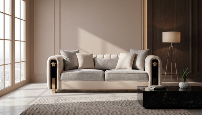 Luxuriéise gepolsterten 3-Sëtzer-Sofa a Beige am zäitgenëssesche Stil