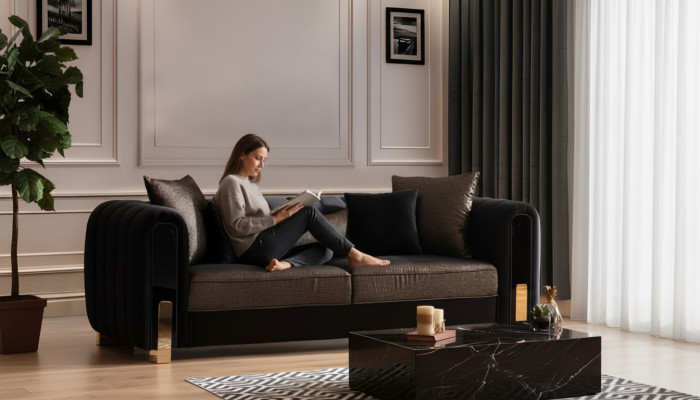 Medusa Drësëtzer Sofa 3 Sëtzer Couches Sofas Luxus Polster Canapé Schwaarz Stoff