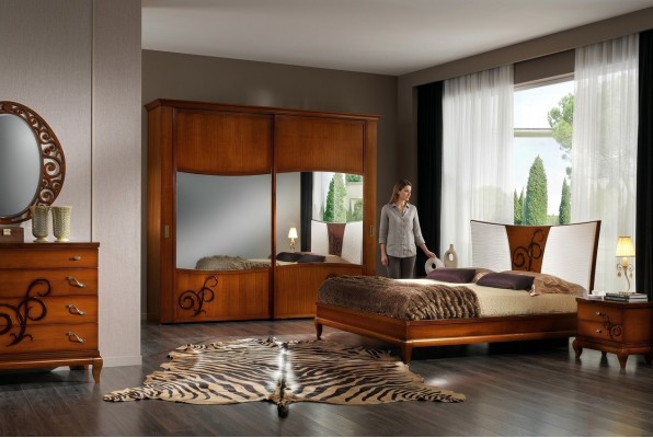Luxus Set 3-deelegt. Schlofzëmmer Bett Nuetsdësch Better Duebel Holz Bettgestell Nei