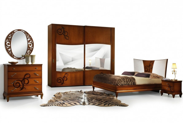 Luxus Set 3-deelegt. Schlofzëmmer Bett Nuetsdësch Better Duebel Holz Bettgestell Nei