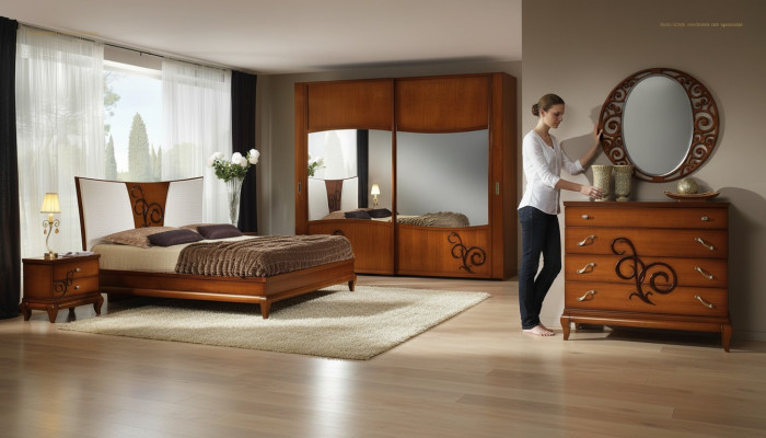 Schlofkummer Bett Nuetsdësch Gaderobeschaf Kommod Spigel Luxus Nei Set 6tlg.