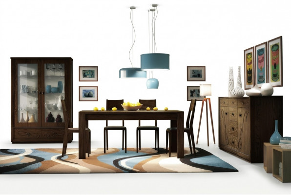 Iess Grupp Set 7-Stéck. Iesszëmmer Iessdësch Stull Kommode Vitrine Dësch Dëscher Holz