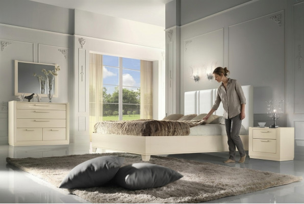 Garnitur Set Schlofzëmmer Bett Nuetsdësch Kommode Spigel Luxus Holz Design 5-Stéck