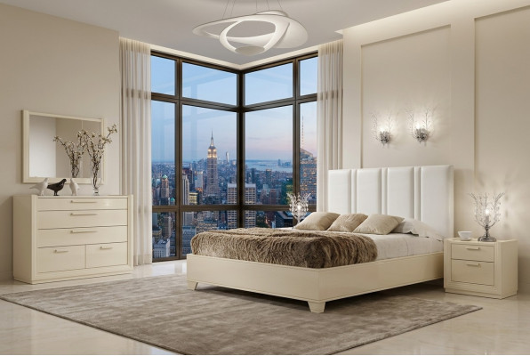 Garnitur Set Schlofzëmmer Bett Nuetsdësch Kommode Spigel Luxus Holz Design 5-Stéck