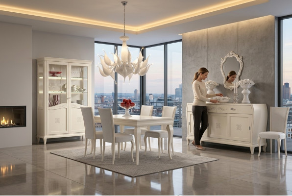 Iesszëmmer Iessdësch Stull Kommode Vitrin Iess Dësch Grupp Holz Italien Set 7tlg