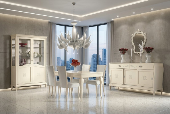 Iesszëmmer Iessdësch Stull Kommode Vitrin Iess Dësch Grupp Holz Italien Set 7tlg