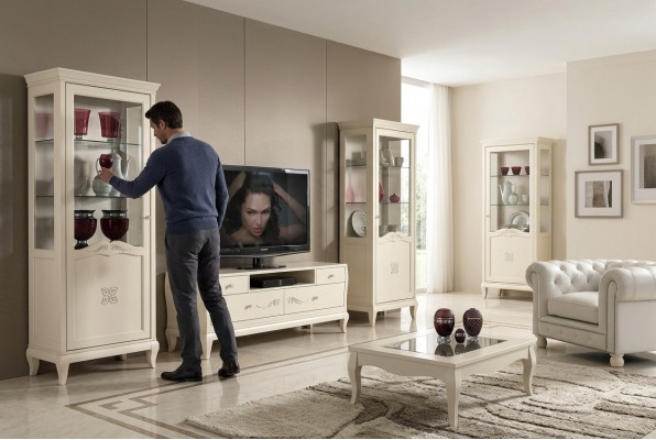 Luxus RTV Set Wunnzëmmer Vitrine TV Modern Holz Miwwel Schaf Stil Schief 3tlg