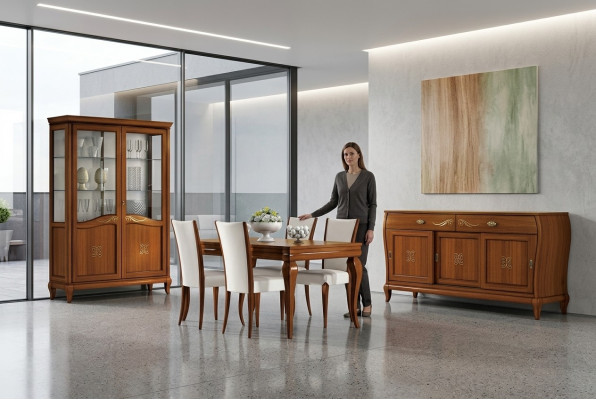Design-Set 7-deeler Iesszëmmer Iessdësch Stull Kommode Vitrin Grupp Iessdëscher Holz