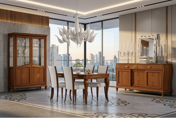 Design-Set 7-deeler Iesszëmmer Iessdësch Stull Kommode Vitrin Grupp Iessdëscher Holz