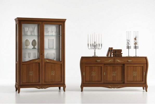 Design-Set 7-deeler Iesszëmmer Iessdësch Stull Kommode Vitrin Grupp Iessdëscher Holz
