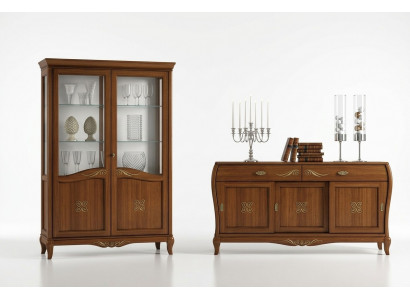 Design-Set 7-deeler Iesszëmmer Iessdësch Stull Kommode Vitrin Grupp Iessdëscher Holz
