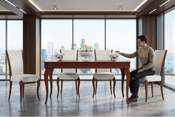 Salle à manger Iessdësch Stull Auszéibar Dësch Dëscher Grupp Holz Design Set 5-delig.