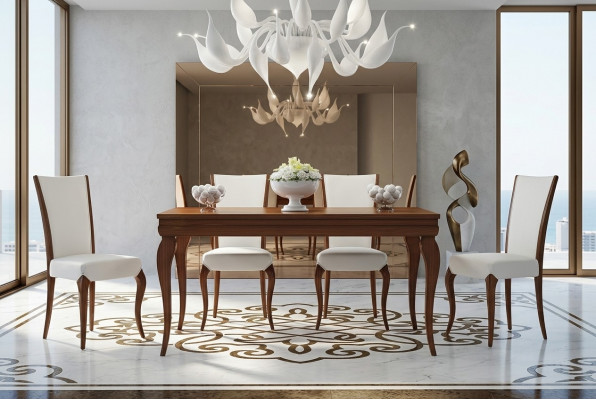 Salle à manger Iessdësch Stull Auszéibar Dësch Dëscher Grupp Holz Design Set 5-delig.