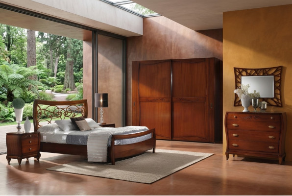Luxus Set Schlofzëmmer Bett Nuetsdësch Kleederschaf Kommode Spigel Nei 6 Deeler