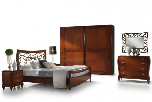 Luxus Set Schlofzëmmer Bett Nuetsdësch Kleederschaf Kommode Spigel Nei 6 Deeler