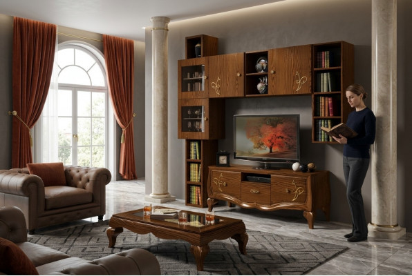 Klassesch Grupp RTV Set Wunnzëmmer Vitrine TV Modern Holz Miwwelen Schaf Stil