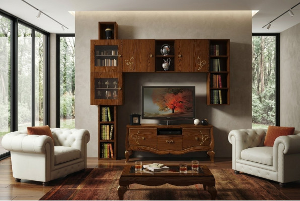 Klassesch Grupp RTV Set Wunnzëmmer Vitrine TV Modern Holz Miwwelen Schaf Stil