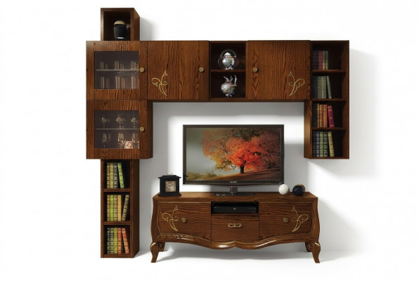 Klassesch Grupp RTV Set Wunnzëmmer Vitrine TV Modern Holz Miwwelen Schaf Stil