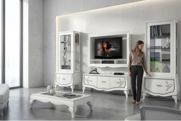 Set vu 4 Wunnwand RTV: TV-Niddregschief, Vitrin, Greesselchest, Schaf Design Nei