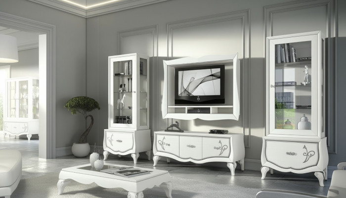Set vu 4 Wunnwand RTV: TV-Niddregschief, Vitrin, Greesselchest, Schaf Design Nei