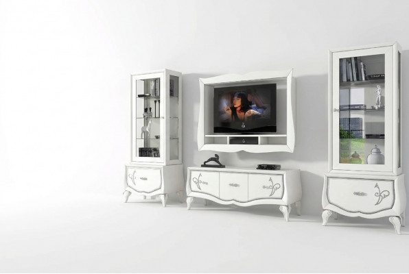 Set vu 4 Wunnwand RTV: TV-Niddregschief, Vitrin, Greesselchest, Schaf Design Nei