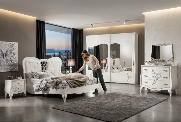 Schlofzëmmer Bett Nuetsdësch Kleederschaf Komod Spigel Neit 6-Deel Luxus Set