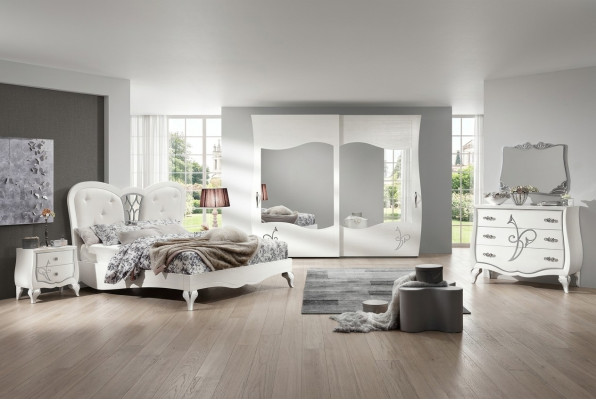Schlofzëmmer Bett Nuetsdësch Kleederschaf Komod Spigel Neit 6-Deel Luxus Set