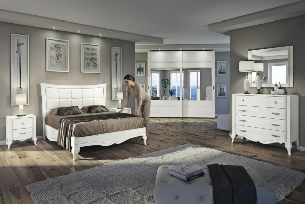 Schlofzëmmer Bett Nuetsdësch Gaderobeschaf Kommode Spigel Wäiss Luxus Set 6 Stécker