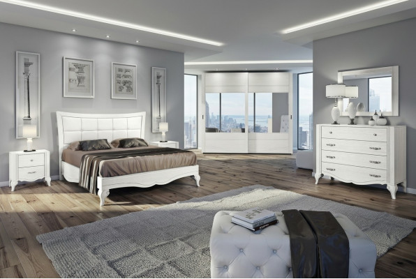 Schlofzëmmer Bett Nuetsdësch Gaderobeschaf Kommode Spigel Wäiss Luxus Set 6 Stécker