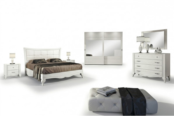 Schlofzëmmer Bett Nuetsdësch Gaderobeschaf Kommode Spigel Wäiss Luxus Set 6 Stécker
