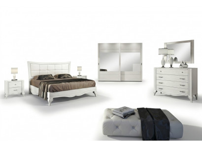 Schlofzëmmer Bett Nuetsdësch Gaderobeschaf Kommode Spigel Wäiss Luxus Set 6 Stécker