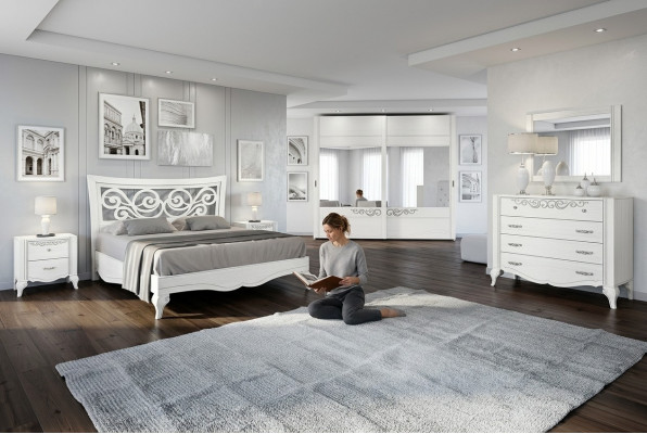 Set 6-Deeler Schlofzëmmer Bett Nuetsdësch Kleederschaf Kommod Spigel Garnitur