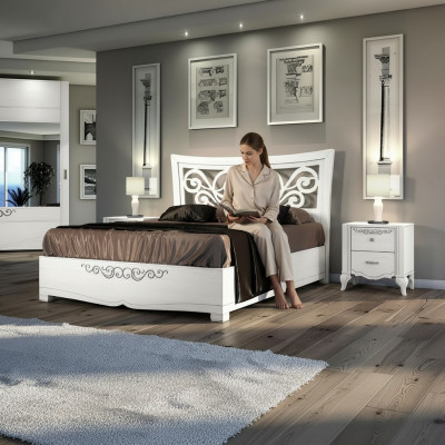 Set 3tlg Schlofzëmmer Bett Nuetsdësch Better Duebelbett Holz Grupp Garnitur Nei