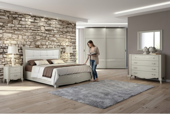 Luxus Set 6-stéck Schlofzëmmer Bett Nuetsdësch Kleederschaf Kommode Spigel Holz