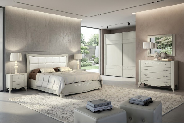 Luxus Set 6-stéck Schlofzëmmer Bett Nuetsdësch Kleederschaf Kommode Spigel Holz