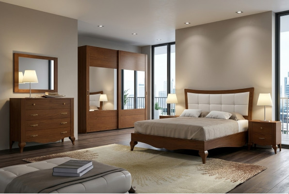 Set 6-teileg Schlofkummer Bett Nuetsdësch Kleederschaf Kommode Spigel Garnitur