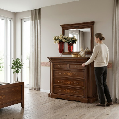 Massivholz Kommode mat Spigel Sideboard Kommoden Set Italienesch Miwwelen 2-Stéck.