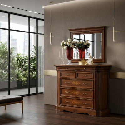 Massivholz Kommode mat Spigel Sideboard Kommoden Set Italienesch Miwwelen 2-Stéck.