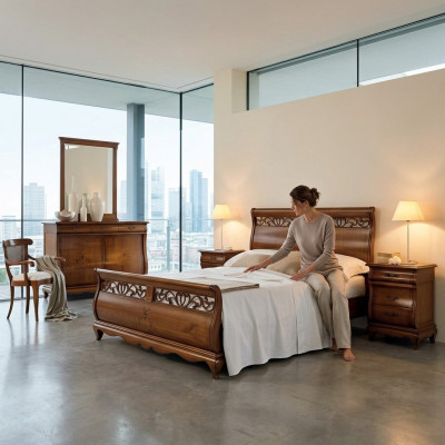 Schlofzëmmermiwwelen Set 4-teileg. Bett 2 Nuetsdëscher Kommode Massivholz Design Miwwelen