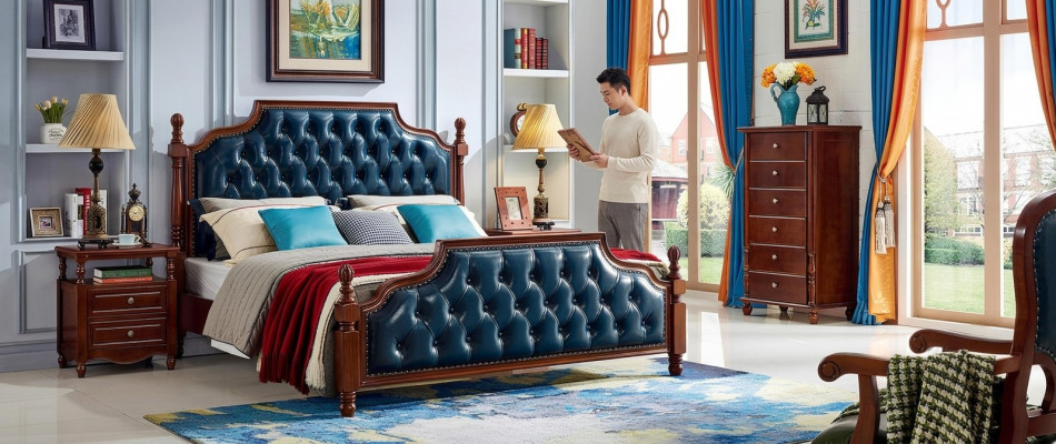 Chesterfield Duebelbett Luxus Schlofzëmmer Holz Bett Polster Miwwelen