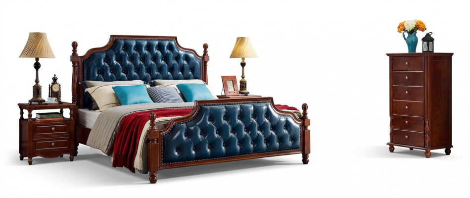 Chesterfield Duebelbett Luxus Schlofzëmmer Holz Bett Polster Miwwelen