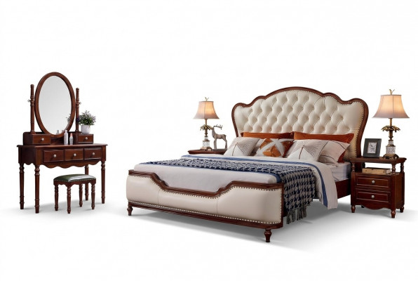Bett 2x Nuetsdëscher Coiffeuse Bänk Schlofkummer Luxus Holz 6 Deeler Set