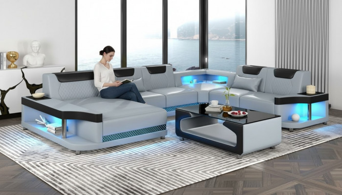 Ecksofa U-Form + Couchtisch Modern Polstersofa Wunnzëmmer Miwwelen Ecksofa Design Canapé.