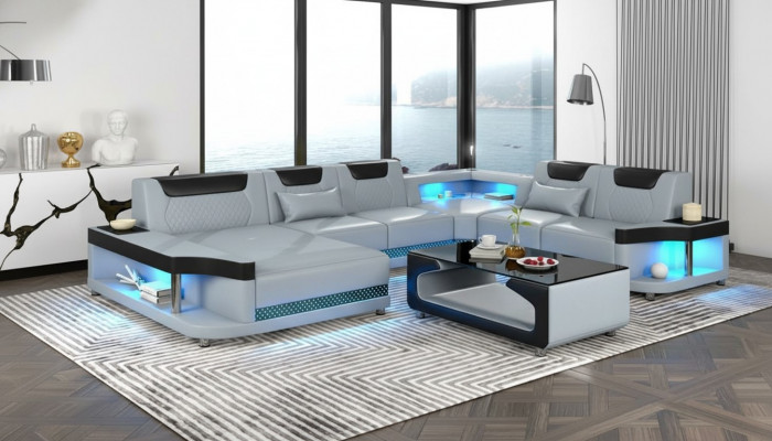 Ecksofa U-Form + Couchtisch Modern Polstersofa Wunnzëmmer Miwwelen Ecksofa Design Canapé.
